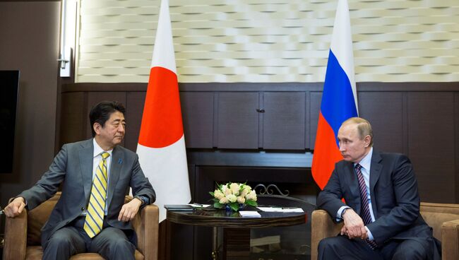 Президент России Владимир Путин и премьер-министр Японии Синдзо Абэ во время встречи в резиденции Бочаров ручей