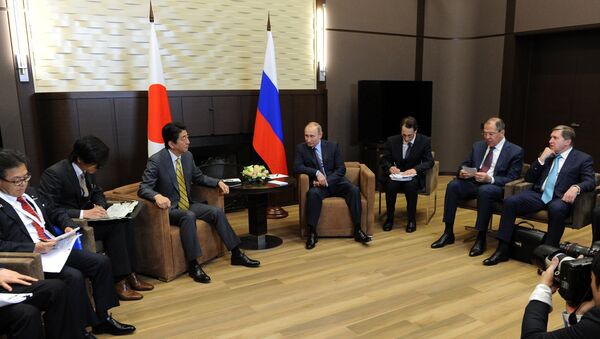 Президент России Владимир Путин и премьер-министр Японии Синдзо Абэ во время встречи в резиденции Бочаров ручей. Архивное фото