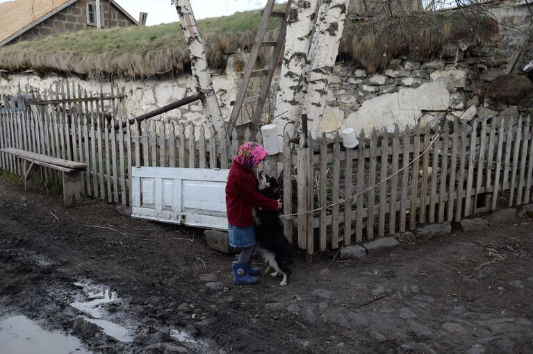 Девочка с собакой в селе Гореловка в Грузии