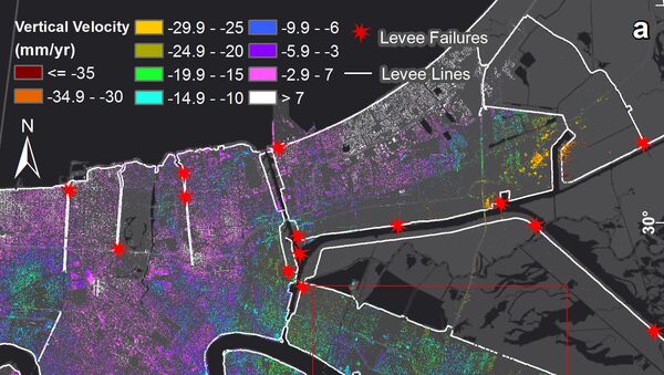Карта проседания почвы в Новом Орлеане. Красные звезды – те участки, где ураган Катрина затопил город