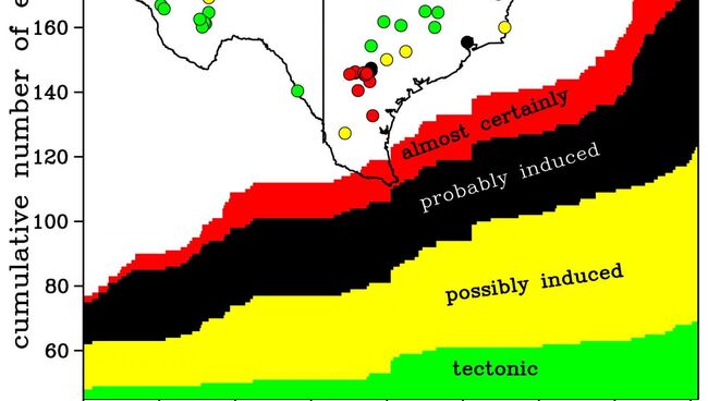 Карта Техаса с эпицентрами землетрясений. Красные и черные точки – те толчки, которые были вызваны нефтедобычей Карта Техаса с эпицентрами землетрясений. Красные и черные точки – те толчки, которые были вызваны нефтедобычей