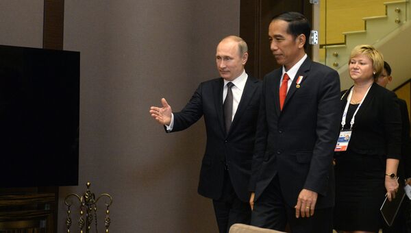 Президент Российской Федерации Владимир Путин и президент Республики Индонезии Джоко Видодо во время беседы в резиденции Бочаров ручей в Сочи