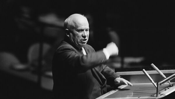Первый секретарь ЦК КПСС Никита Хрущев выступает на Генеральной Ассамблее ООН. Архивное фото