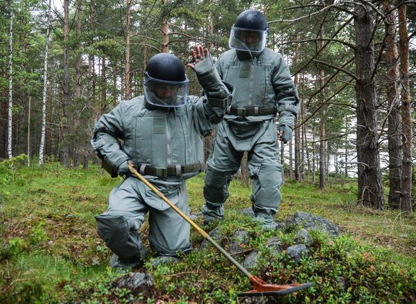 Саперы обезвреживают артиллерийские снаряды, найденные неподалеку от лагеря волонтеров Русского географического общества Гогланд