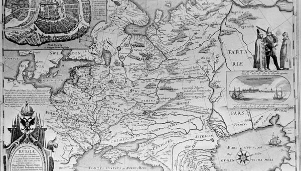 Карта России, выполненная на основе чертежа 1600-1605 годов, составленного царевичем Федором Борисовичем Годуновым и гравированная в Голландии