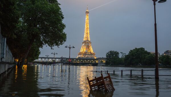 На набережной реки Сены во время наводнения в Париже. На дальнем плане - Эйфелева башня