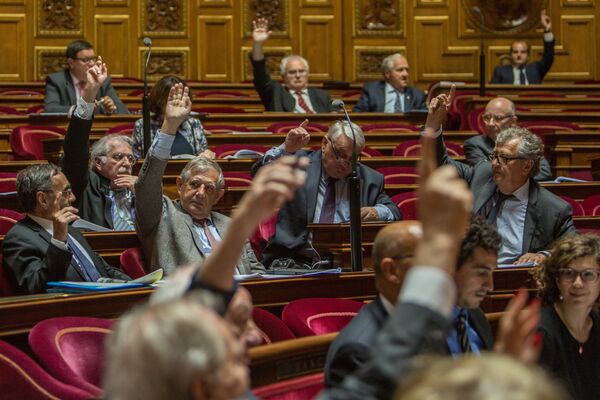 Сенаторы во время голосования французского сената по принятию резолюции с призывом о смягчении санкций против России