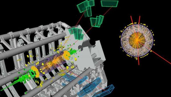 Схема эксперимента на детекторе ATLAS, в ходе которого бозон Хиггса распался на четыре фотона