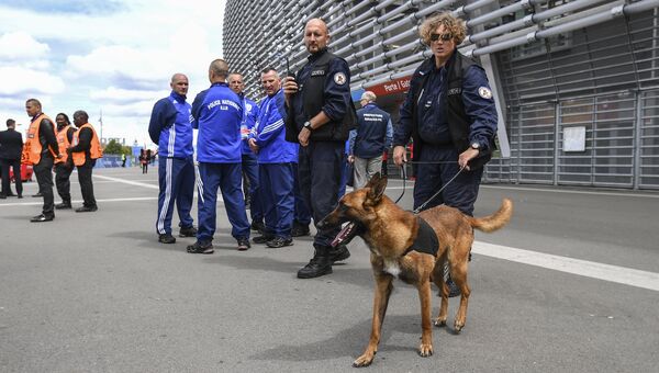 Сотрудники полиции со служебной собакой у стадиона перед началом матча между сборными командами России и Словакии в Лилле, Франция