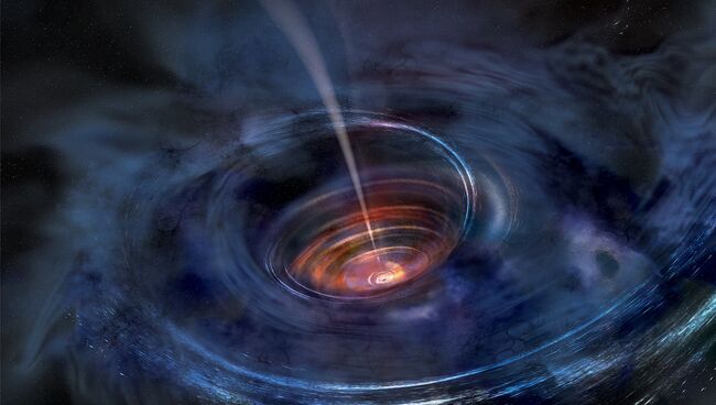 Так художник представил себе разрыв звезды на части черной дырой в галактике Swift J1644+57