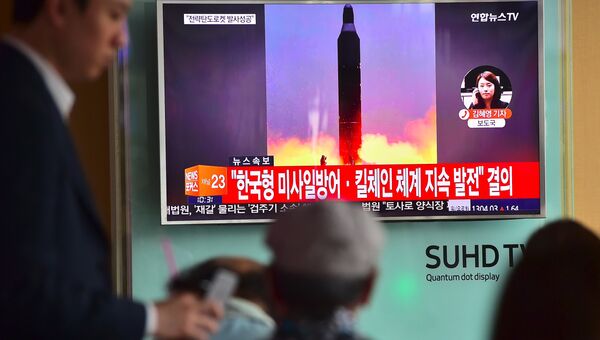 Телевизионный экран, транслирующий новости о последнем испытании ракет Мусудан в Северной Корее, 23 июня 2016