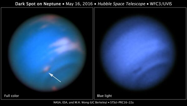Темное пятно на поверхности Нептуна, открытое Хабблом