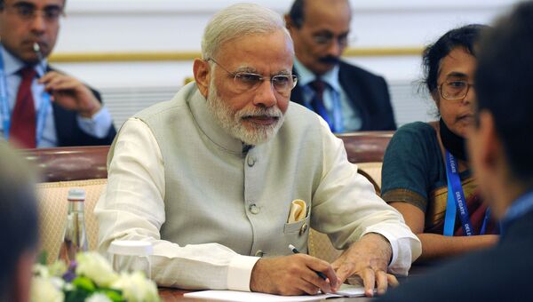 Премьер-министр Индии Нарендра Моди во время встречи с президентом РФ Владимиром Путиным в Ташкенте