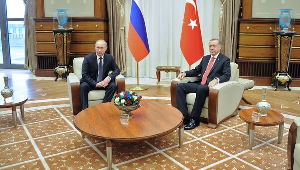 Президент России Владимир Путин и президент Турецкой республики Реджеп Тайип Эрдоган во время беседы в президентском дворце в Анкаре