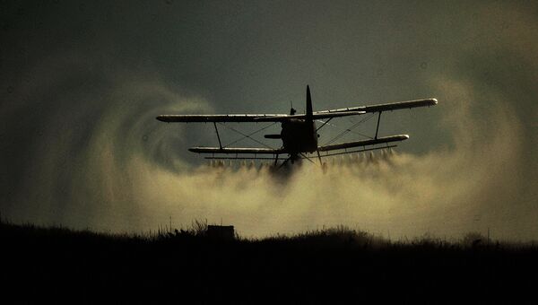 Самолет Ан-2 опрыскивает поля ядохимикатами. Архивное фото