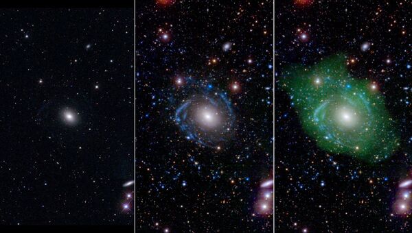 Галактика UGC 1382 в оптическом (слева), ультрафиолетовом (центр), и радио (справа) диапазонах