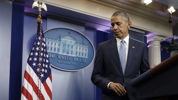 Президент США Барак Обама на брифинге в зале Белого дома
