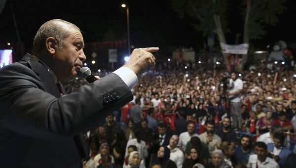 Президент Турции Реджеп Тайип Эрдоган выступает перед своими сторонниками в Стамбуле. 19 июля 2016