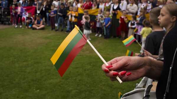 Мигранты из Литвы во время национального праздника в Питерборо, Великобритания