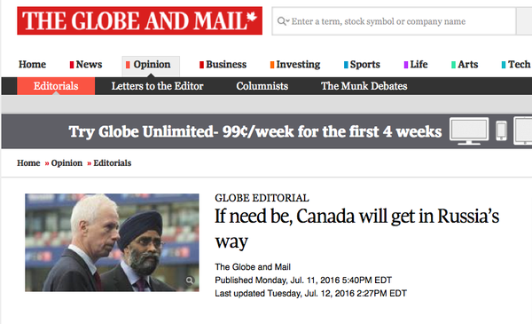 Заголовок статьи на сайте канадского издания The Globe And Mail Заголовок статьи на сайте канадского издания The Globe And Mail