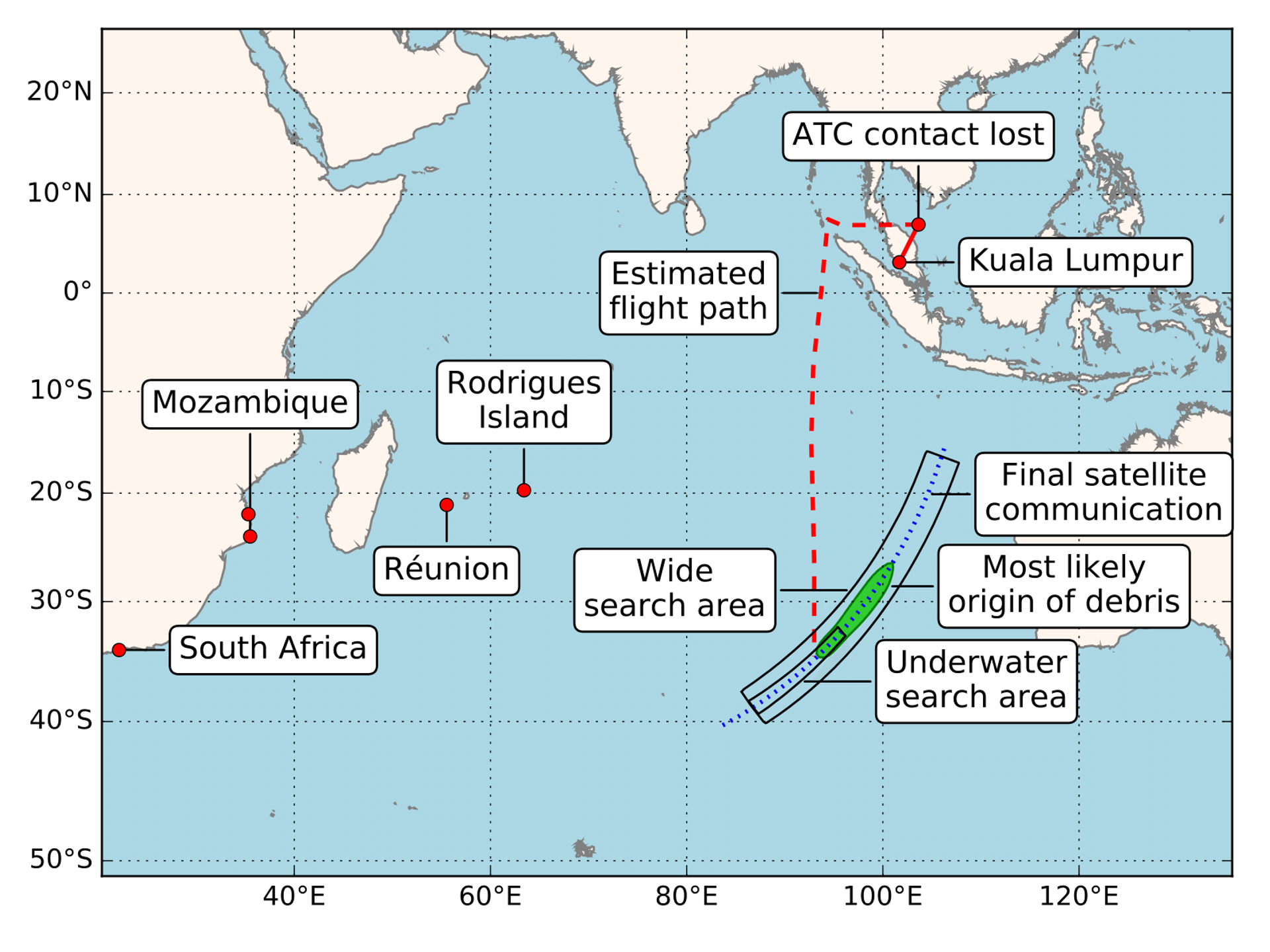 Карта полета и вероятное место падения малазийского Боинга MH370 - РИА Новости, 1920, 06.03.2024