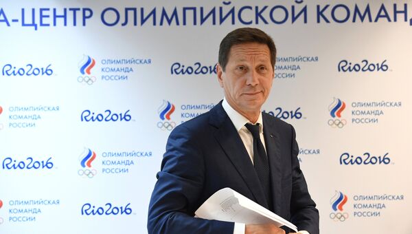 Президент Олимпийского комитета России Александр Жуков во время пресс-конференции в Рио-де-Жанейро