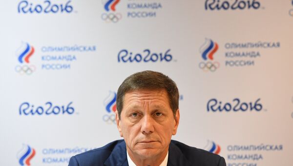 Президент Олимпийского комитета России Александр Жуков во время пресс-конференции в Рио-де-Жанейро