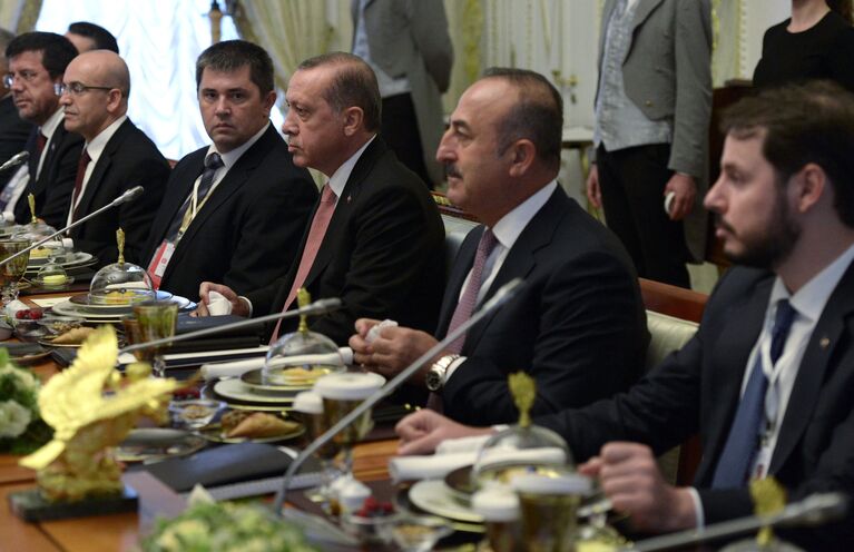 Президент резидент Турции Реджеп Тайип Эрдоган во время российско-турецких переговоров в формате рабочего завтрака в Константиновском дворце