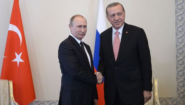 Президент России Владимир Путин и президент Турции Реджеп Тайип Эрдоган во время встречи в Константиновском дворце. 9 августа 2016