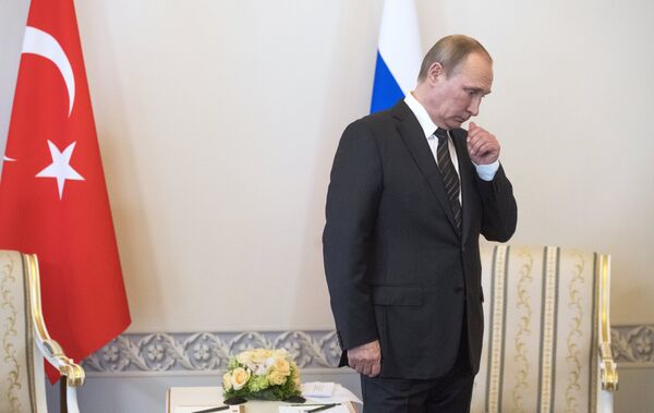 Президент России Владимир Путин перед началом встречи с президентом Турции Реджепом Тайипом Эрдоганом в Константиновском дворце. 9 августа 2016 года Президент России Владимир Путин перед началом встречи с президентом Турции Реджепом Тайипом Эрдоганом в Константиновском дворце. 9 августа 2016 года