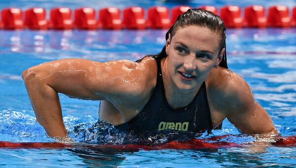 Катинка Хошсу (Венгрия) после финального заплыва на 200 м комплексом на XXXI летних Олимпийских играх