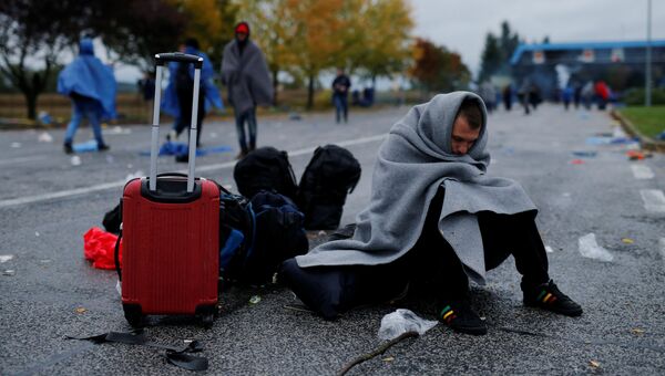 Мигранты в городе Трновец на границе Хорватии и Словении. Октябрь 2015 года