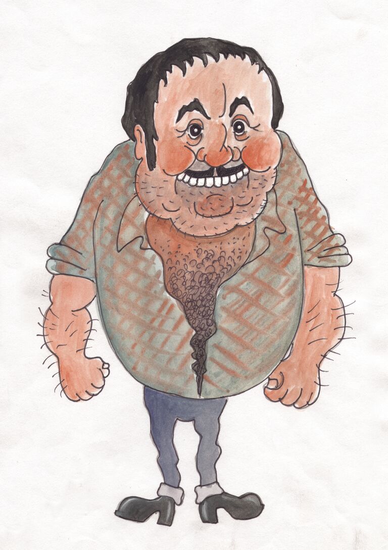 Рисунок Александра Зиновьева Мазила. Скульптор Эрнст Неизвестный, 1974 год, один из немногих положительных персонажей романа Александра Зиновьева Зияющие высоты, 1976 г., изд-во L'Age d'Homme. Бумага, тушь, акварель.