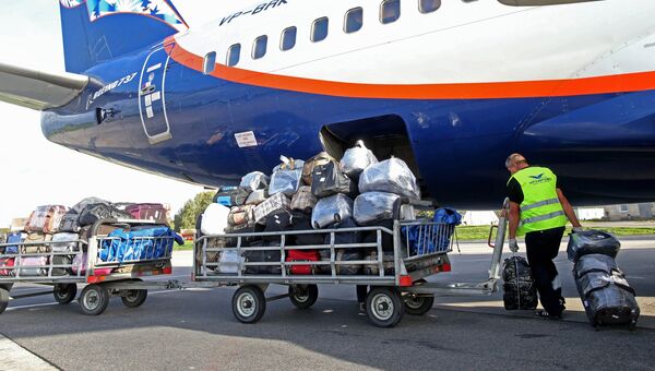 Выгрузка багажа из самолета на взлетно-посадочной полосе аэропорта Храброво в Калининграде