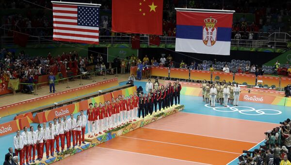 Церемония награждения женских волейбольных сборных на Олимпиаде в Рио-де-Жанейро. 21 августа 2016