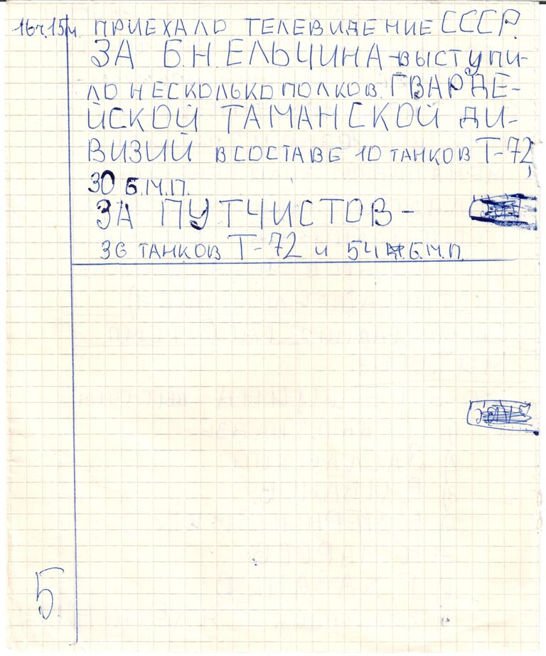 Запись в дневнике 13-летнего московского школьника Романа Денисова, фиксировавшего события 1991 года 