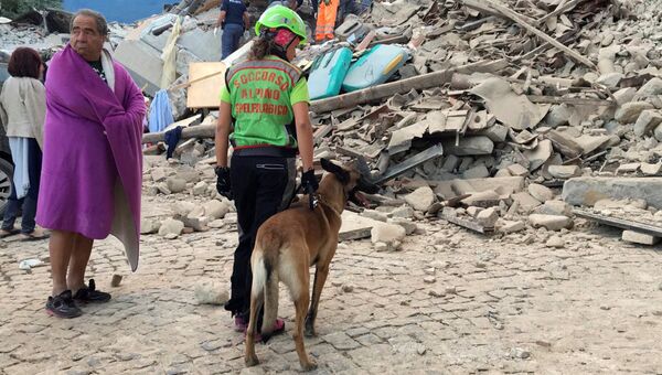 Спасатели в пострадавшем от землетрясения итальянском Аматриче. 24 августа 2016