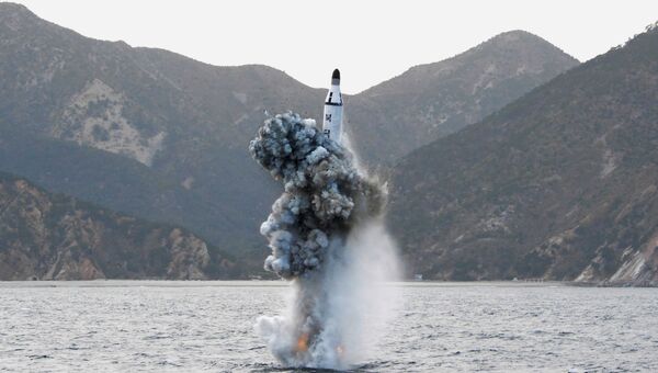 Пуск баллистической ракеты с подводной лодки в КНДР. Архивное фото