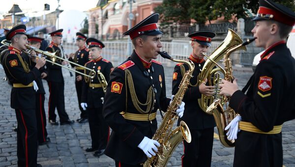 На репетиции торжественного открытия фестиваля Спасская башня на Красной площади в Москве