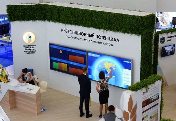 Стенд, посвященный инвестиционному потенциалу сельского хозяйства Дальнего Востока, на выставке в рамках Восточного экономического форума во Владивостоке