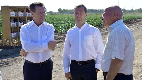 Дмитрий Медведев во время ознакомления с ходом уборки урожая овощных культур в Астраханской области. 2 сентября 2016