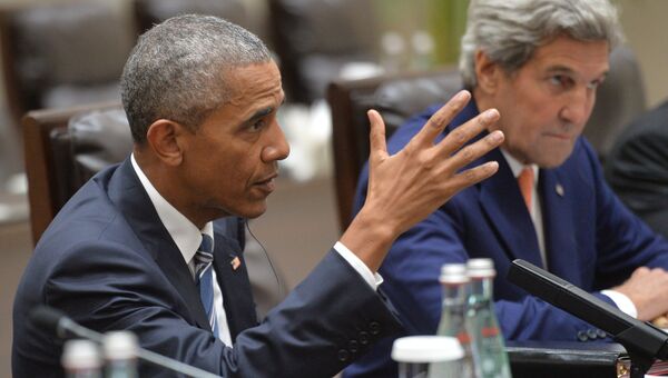 Президент США Барак Обама и государственный секретарь США Джон Керри во время встречи в Ханчжоу с президентом РФ Владимиром Путиным. 5 сентября 2016