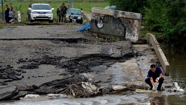 Разрушенный после тайфуна Лайонрок мост у села Кроуновка Приморского края. Архивное фото