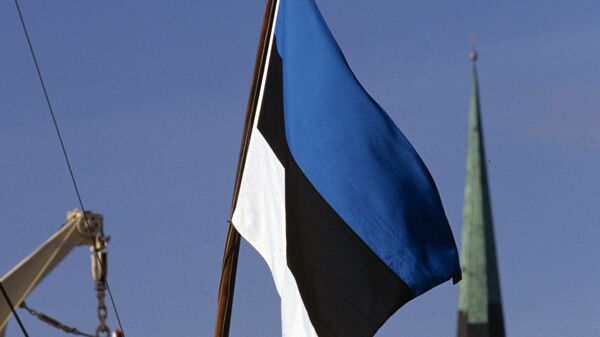 Государственный флаг Эстонии на одном из кораблей в Таллинском морском торговом порту