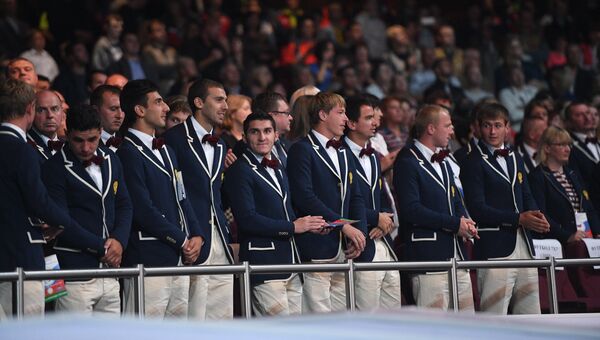 Спортсмены во время церемонии открытия Всероссийских паралимпийских соревнований в концертном зале Крокус Сити Холл в Москве