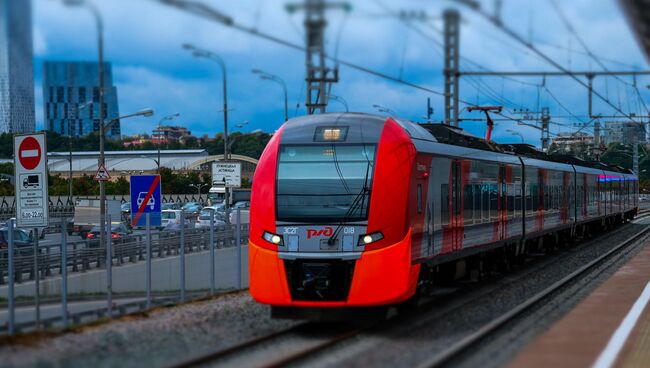 Электропоезд у транспортно-пересадочного узла Лужники Московского центрального кольца. Архивное фото