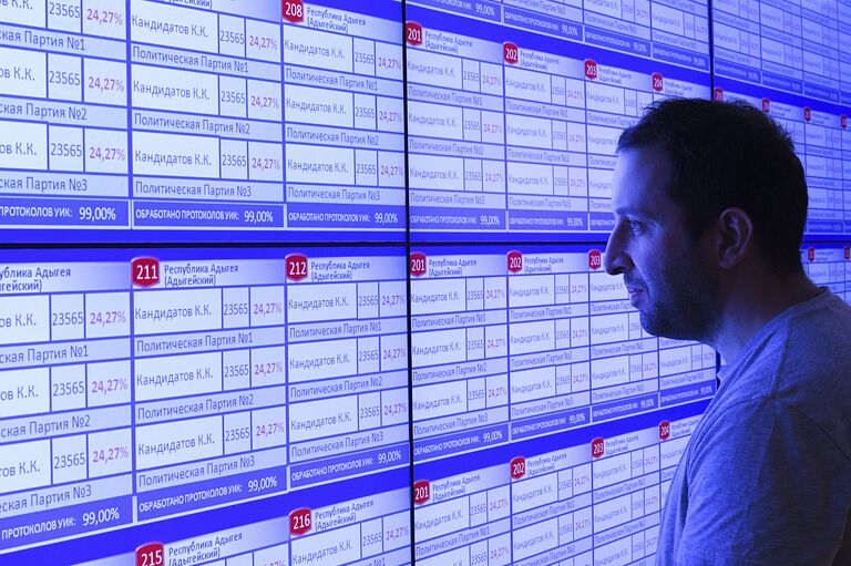 Информационное табло в ЦИК, которое будет использоваться для голосования на выборах в Госдуму Информационное табло в ЦИК, которое будет использоваться для голосования на выборах в Госдуму