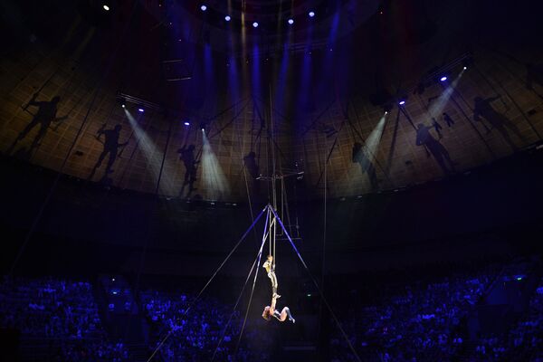 Гимнасты на трапеции Даринг Джонс (США) на шоу победителей фестиваля циркового искусства Идол