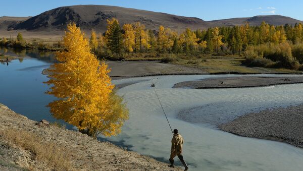 Мужчина ловит рыбу на слиянии рек Чаганузун и Чуя в Кош-Агачском районе Республики Алтай