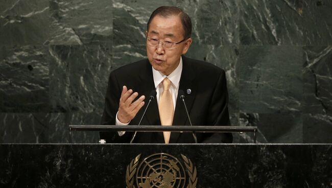 Генсек ООН Пан Ги Мун выступает на Генеральной Ассамблеи ООН в США. Архивное фото